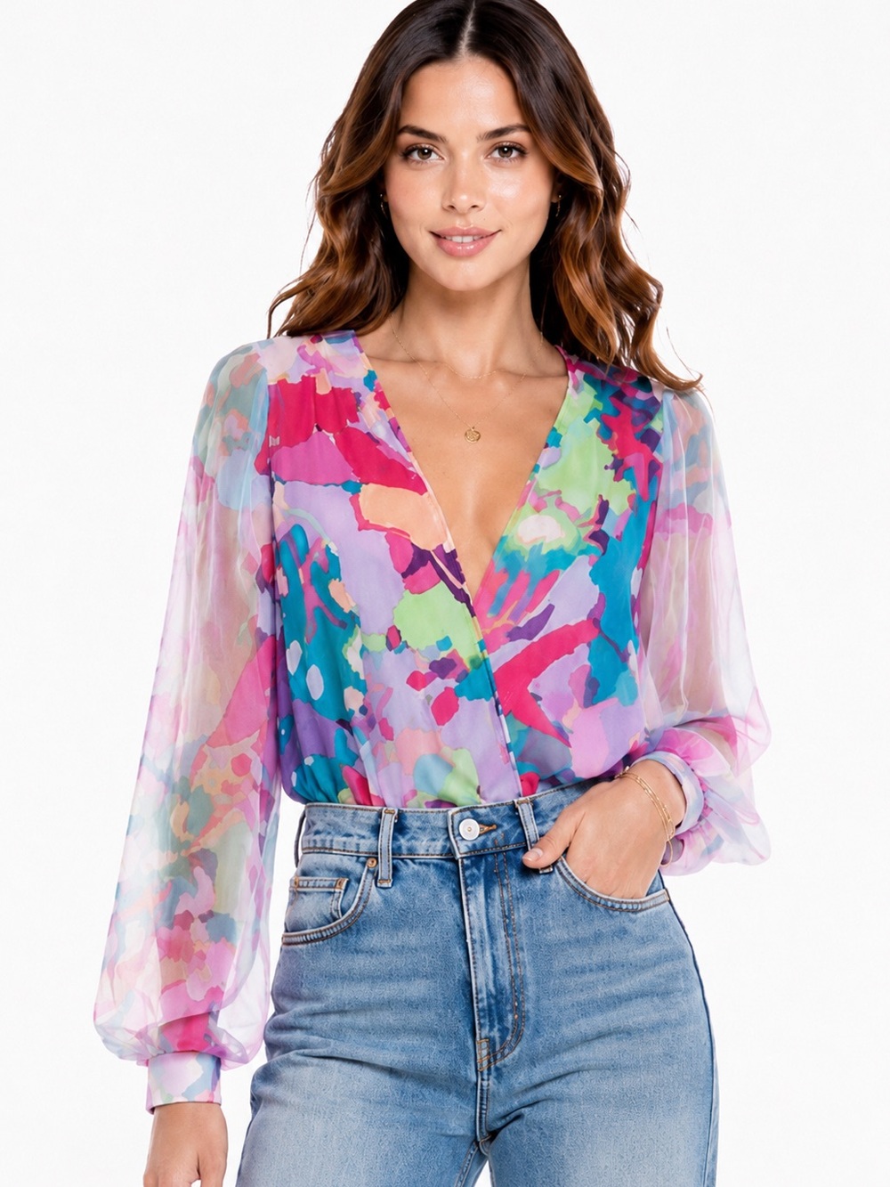 NWT Rococo Sand Lilac Abstract Floral Surplice Bodysuit Sheer Sleeve Size S